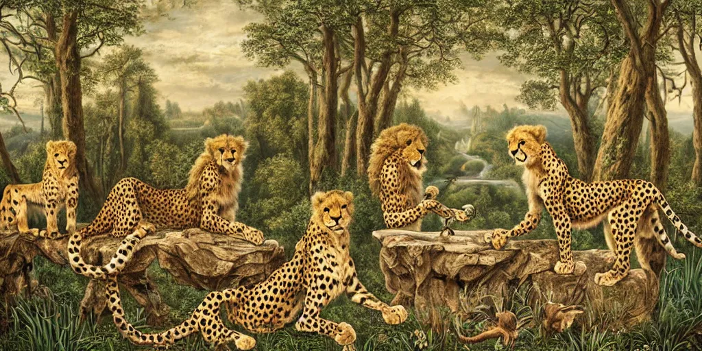 Image similar to cheetah and lion in front of birthday table in fairytale forest , huge scale, high detail, intricate by Jonathan Bentley