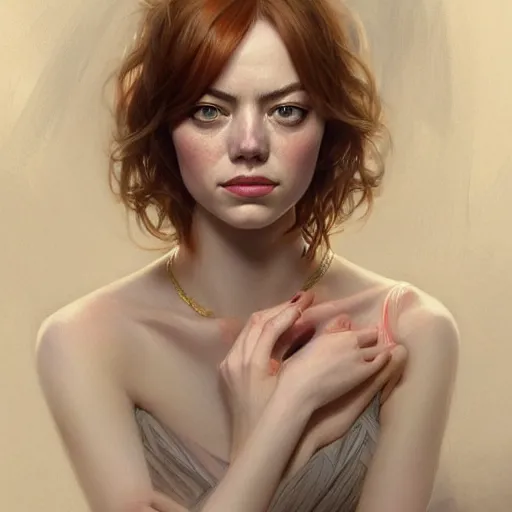 Image similar to beautiful natural mixture of Emma Stone and Emma Roberts, intricate, elegant, highly detailed, digital painting, artstation, concept art, smooth, sharp focus, illustration, art by artgerm and greg rutkowski and alphonse mucha and loish and WLOP