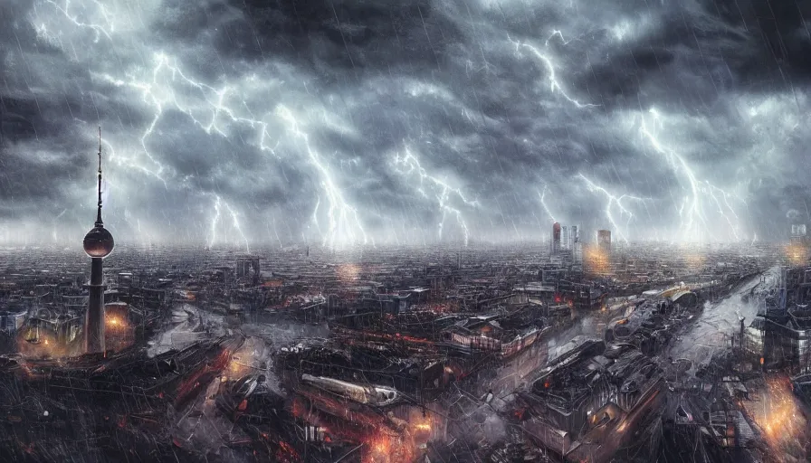 Image similar to storm destroying berlin, damaged buildings, dark cloudy sky, hyperdetailed, artstation, cgsociety, 8 k