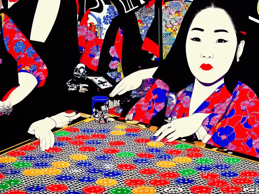 Image similar to hyperrealism composition of the detailed woman in a japanese kimono sitting at an extremely detailed poker table with darth vader, fireworks on the background, pop - art style, jacky tsai style, andy warhol style, acrylic on canvas