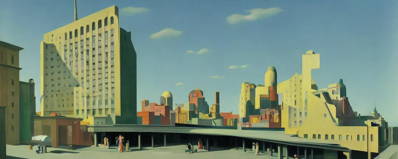 Image similar to hotel in a futuristic city, dada, edward hopper, rene magritte, highly detailed