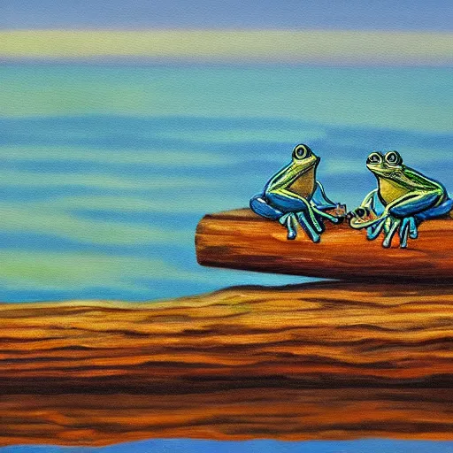 Prompt: An oil painting of two frogs sitting on a log in a pond, wide shot, sunset