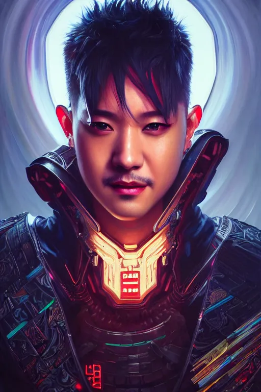 Image similar to painting of got 7 bam bam cyberpunk samurai smiling, ultra realistic, concept art, intricate details, eerie, highly detailed, photorealistic, octane render, 8 k, unreal engine. art by artgerm and greg rutkowski and magali villeneuve and alphonse mucha