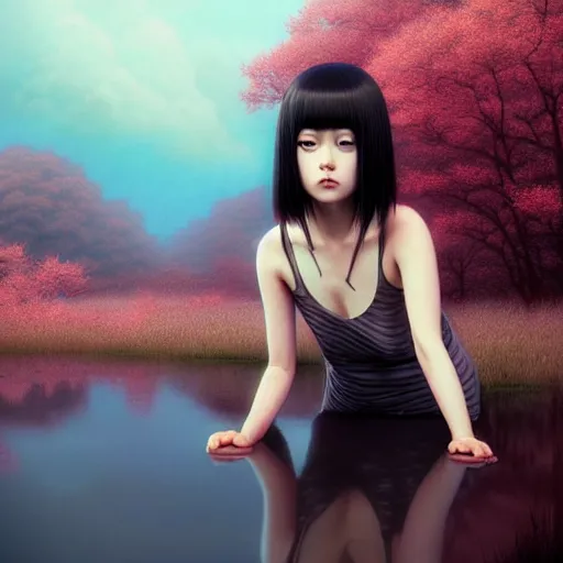 Image similar to very tiny girl by junji ito, green eyes and long black hair by ilya kuvshinov, sitting in a crystal clear lake painted by tom bagshaw, rtx reflections, octane render 1 2 8 k, extreme high intricate details by wlop, digital anime art by ross tran, wide shot, composition by tom bagshaw, lighting by wlop