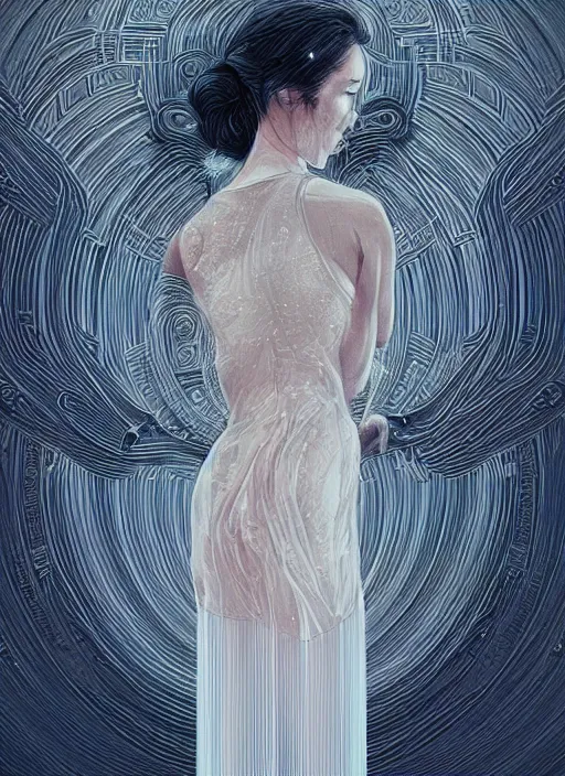 Image similar to portrait of a ballerina in a long flowing gown. beautiful symetrical face, intricate abstract. intricate artwork. by tooth wu, wlop, beeple, dan mumford. trending on artstation, greg rutkowski very coherent symmetrical artwork. cinematic, hyper realism, high detail, iridescent accents