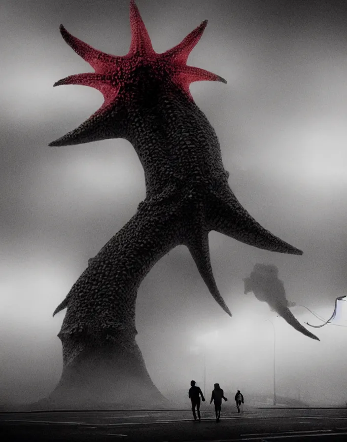 Image similar to very low - resolution found footage of a couple escaping in the city from a starfish kaiju monster, fog, foggy, korean film noir, monochrome, red hue, thriller, underdeveloped, epic, dramatic