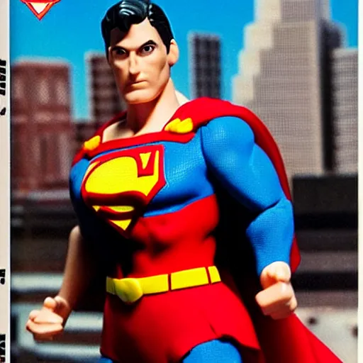 Prompt: toy photography. Superman action figure against a city backdrop. Dynamic Macro 1988. Cover of Nintendo Power