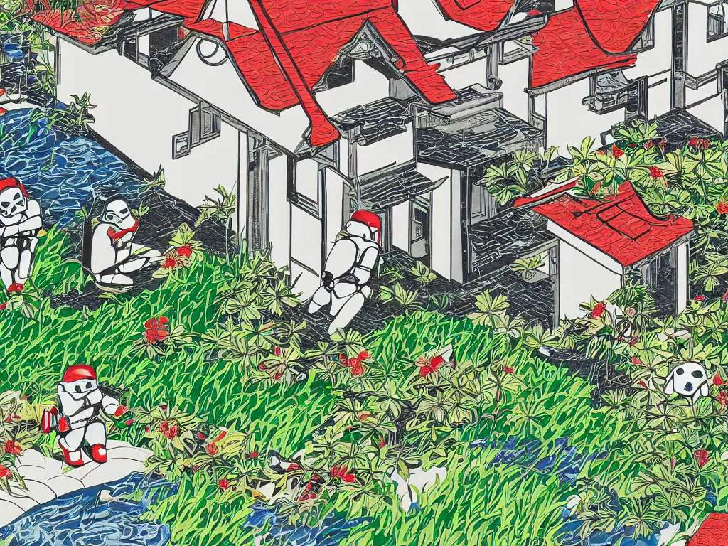 Image similar to detailed close - up image of the japanese home with a garden and a pond, 2 stormtroopers sitting around it, pop - art style, jacky tsai style, andy warhol style, roy lichtenstein style, rich palette, acrylic on canvas