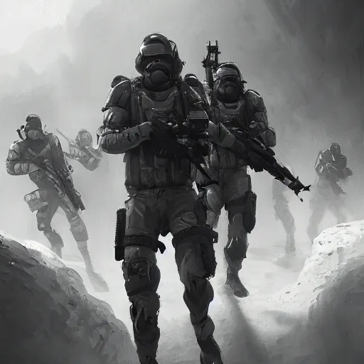 Image similar to Mercenary Special Forces in grey uniforms with black armored vests dying in 2020, by Cedric Peyravernay, highly detailed, excellent composition, cinematic concept art, dramatic lighting, trending on ArtStation