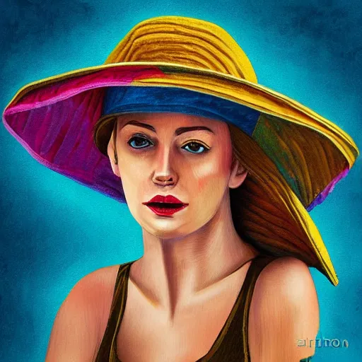 Image similar to woman with hat, by matt dixon, colorful, digital art