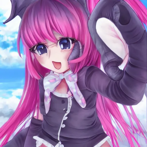 Image similar to ”anime girl, pink hair with two huge elephant ears, action shot, by Kurahana Chinatsu”