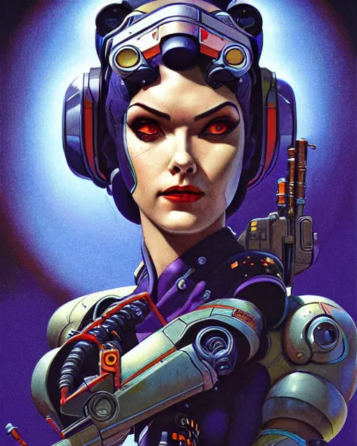 Image similar to widowmaker from overwatch, character portrait, portrait, close up, concept art, intricate details, highly detailed, vintage sci - fi poster, retro future, in the style of chris foss, rodger dean, moebius, michael whelan, and gustave dore