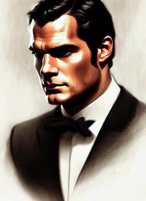 Image similar to portrait of henry cavill as james bond, casino, highly detailed, digital painting, artstation, concept art, cinematic lighting, sharp focus, illustration, by gaston bussiere alphonse mucha