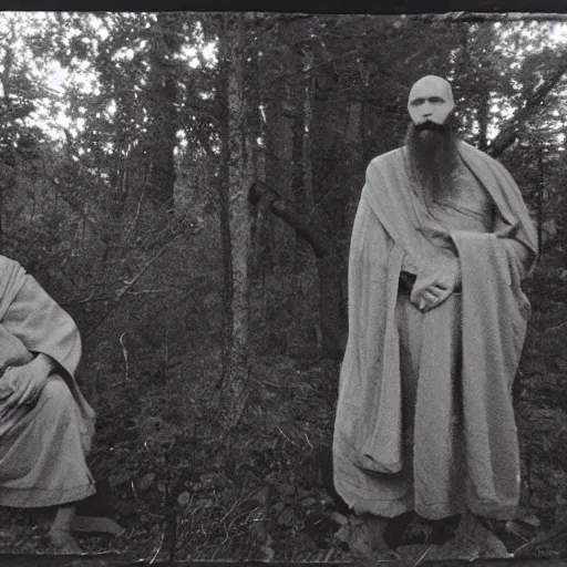 Image similar to trail _ camera _ photo _ of _ a _ breaton monks looking like rasputin with some ghost shadows _ realistic _ spooky _ grimdark _ night _ black _ and _ white