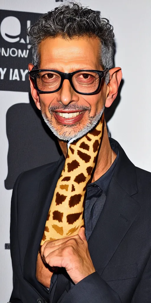 Prompt: a photo of jeff goldblum with a long giraffe neck