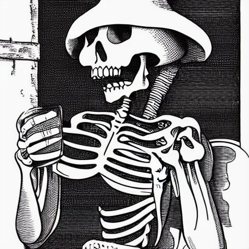 Prompt: a skeleton drinking beer in a medieval tavern, black and white vector art