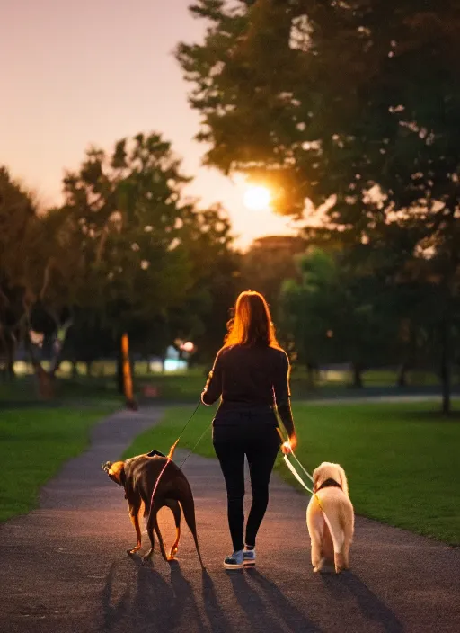 Image similar to young brown woman walking her dog in a park at night with a full moon