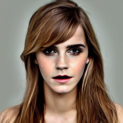 Image similar to full body textured film grain Heavy Contour makeup look eye shadow smokey eyes fashion model face emma watson by artgem