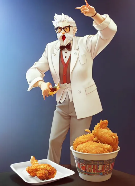 Image similar to cute colonel sanders eating fried chicken, natural lighting, path traced, highly detailed, high quality, digital painting, by don bluth and ross tran and studio ghibli and alphonse mucha, artgerm