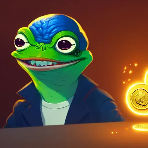 Image similar to super rich happy pepe, luxury, treasury, coins, money, hyper detalied, blue crystals, greg rutkowski, artstation