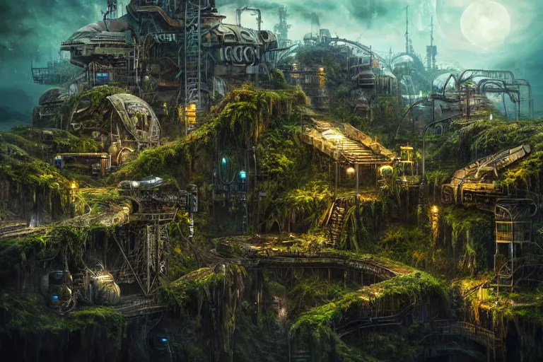 Image similar to sci - fi favela sculpture, fantasy jungle environment, industrial factory, cliffs, gloomy, milky way, award winning art, epic dreamlike fantasy landscape, ultra realistic,