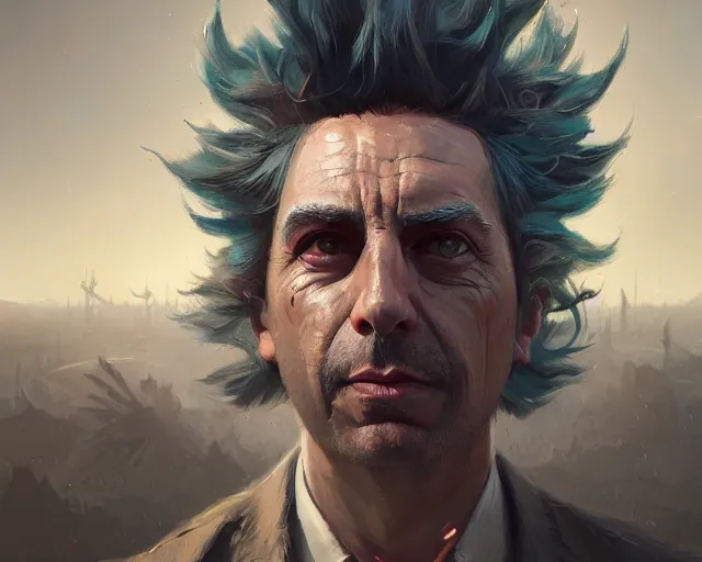 Image similar to fantasy portrait of rick sanchez, intricate abstract. intricate artwork, by greg rutkowski, wlop, beeple, dan mumford. concept art, octane render, trending on artstation, greg rutkowski very coherent symmetrical artwork. cinematic, key art, hyper realism, high detail, octane render, 8 k, iridescent accents