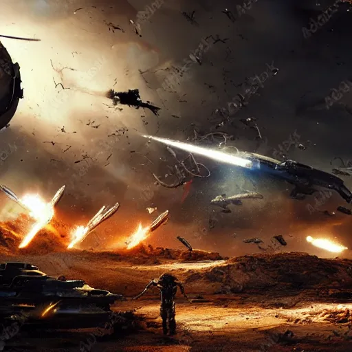 Image similar to science - fiction futuristic apocalyptic war scene with explosions