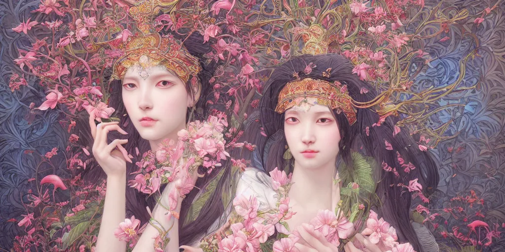 Image similar to breathtaking detailed concept art painting of the goddess of flamingo, orthodox saint, with anxious, piercing eyes, ornate background, epic composition, amalgamation of leaves and flowers, by Hsiao-Ron Cheng and John James Audubon and Miho Hirano, extremely moody lighting, 8K