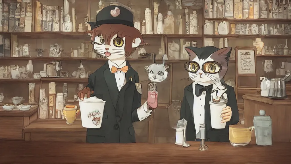 Image similar to a highly detailed portait of a cute little anthropomorphic cat barista wearing a suit in a parisian coffee shop by studio ghibli, tiny, small, cute and adorable, pretty, beautiful, character art portrait, matte painting, Artstation