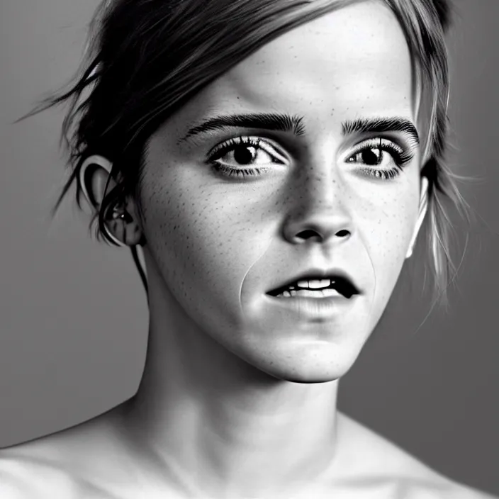 Prompt: emma watson, left shoulder towards the camera 9 0 degrees. portrait by martin schoeller. detailed, 4 k, morning hour.