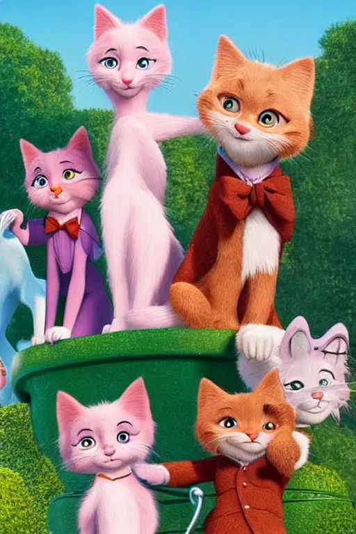 Image similar to aristocats movie poster, cgi, cinema, realistic