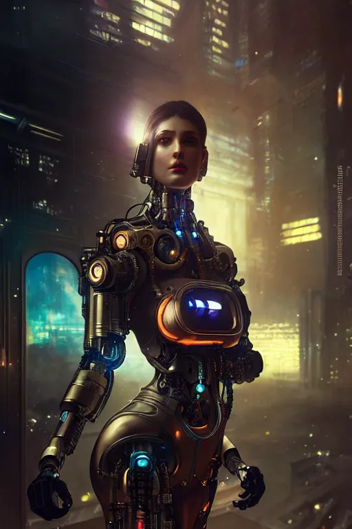 Image similar to ultra realistic, beautiful female cyborg in a crowded smoky cyberpunk club in space megalopolis, sci - fi, intricate details, eerie, highly detailed, octane render, 8 k, art by artgerm and alphonse mucha and greg rutkowski