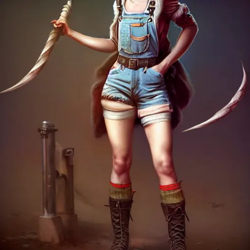 Image similar to full body pose, ciri, torn overalls, short shorts, combat boots, beautiful, highly detailed face, true anatomy!, extremely detailed!, digital painting, unreal engine 5, art by tom bagshaw