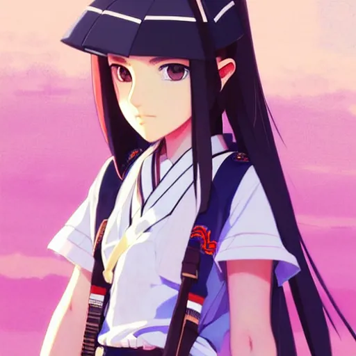 Image similar to a beautiful! boyish! natalie portman model, wearing japanese school girl outfit with mayan pattern and native style, aztec street fashion, guilty gear art direction, perfect anime face, gapmoe yandere grimdark, trending on pixiv fanbox, painted by greg rutkowski makoto shinkai takashi takeuchi studio ghibli, akihiko yoshida