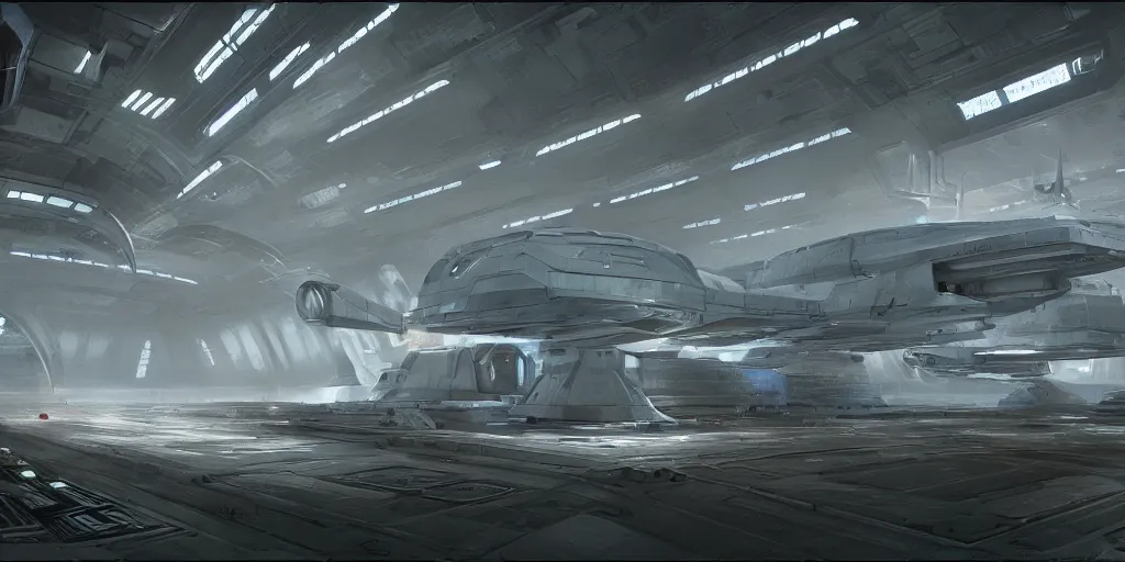 Image similar to one thousand aligned cryogenic pods, spaceship hangar, symmetrical, sci-fi, cryogenic pods, many cryogenic pods, interior, fantasy, 4k, wide shot, matte painting, oil painting, concept art, art station, star wars style