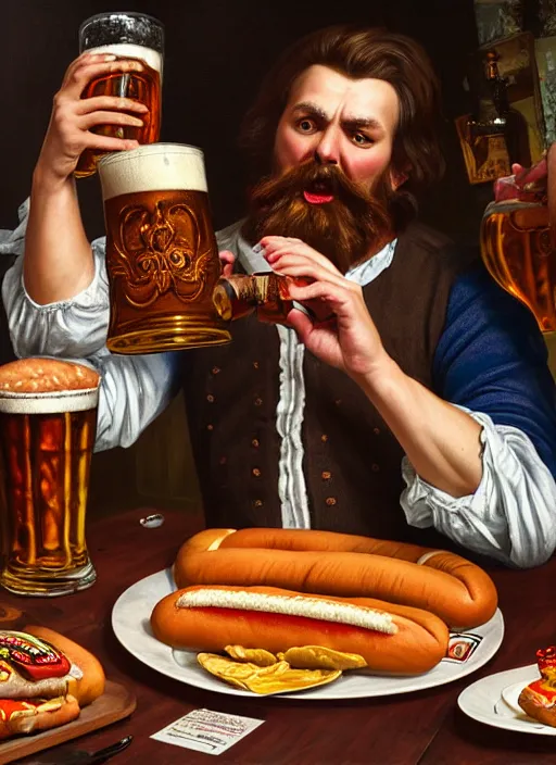 Prompt: large computer table octoberfest invite card, man drinking beer, angry, beer glasses, hot dogs surrounded by more hot dogs, photoshoot, 4 k, hyper realistic, natural, highly detailed, digital illustration, trending in artstation, classical painting, smooth, sharp focus art by ilya repin