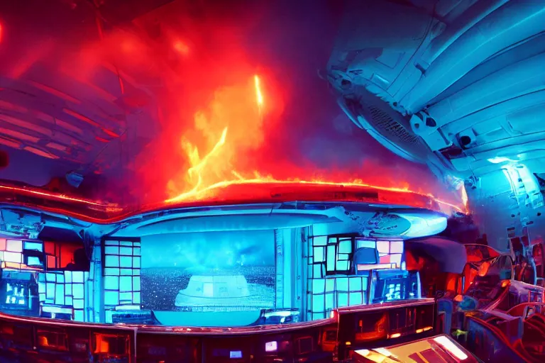 Prompt: Film still of the bridge of a space ship, large viewscreens, control panels, orange and cyan lighting, burning fire, electric sparks, smoke, Cinestill colour cinematography, anamorphic