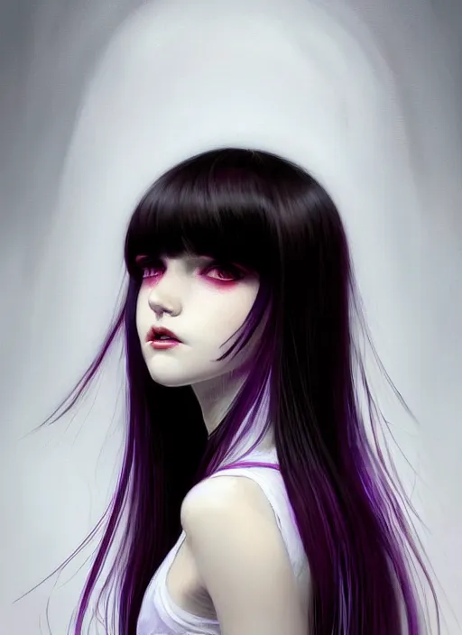 Image similar to portrait of teenage girl, red irises, bangs, black and white hair, white bangs, purple clothes, white bangs, two color hair, black hair and white bangs, intricate, elegant, glowing lights, highly detailed, digital painting, artstation, concept art, smooth, sharp focus, illustration, art by wlop, mars ravelo and greg rutkowski