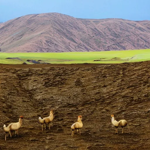 Prompt: a dreamlike landscape where all the hills are made of chicken skin and they have those little bumps and look kind of damp. Along the landscape walks a green skinned six legged camel.