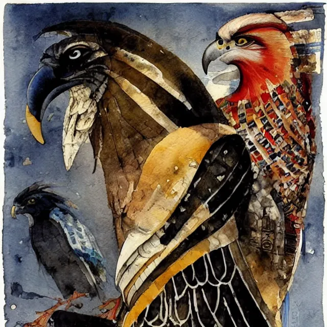 Prompt: expresionistic watercolor of Horus the falcon headed egyptian god, by Enki Bilal, by Dave McKean, ,by Peter Mohrbacher