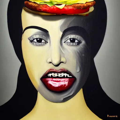 Image similar to mysterious portrait of Kim Kardashian emerging from the dark void eating burger, face partially melting like glitching out LSD effect, figure in the darkness of renaissance, serving big macs, covered in ketchup,Francisco Goya, painted by John Singer Sargant, Adrian Ghenie, style of Francis Bacon, highly detailed, 8k, trending on artstation