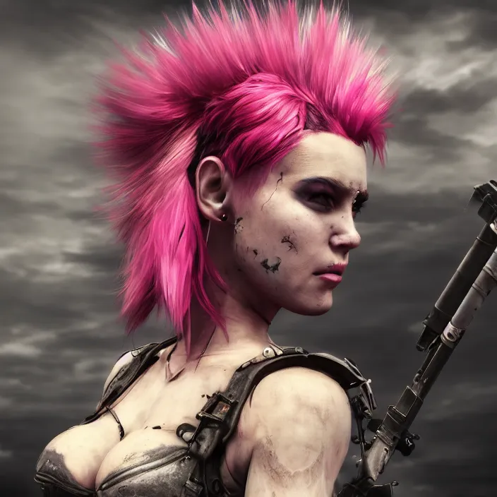 Image similar to beautiful apocalyptic woman with pink Mohawk, posing on mad max panzer tank, 4k ultra hd, fantasy dark art, artstation, octane render