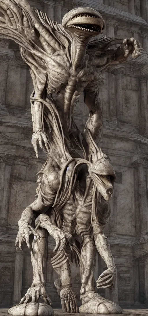 Image similar to alien statues in ancient rome, octane render, photorealism, highly detailed, hdr, 8 k, complex 3 d render, hyper detailed, ultra sharp