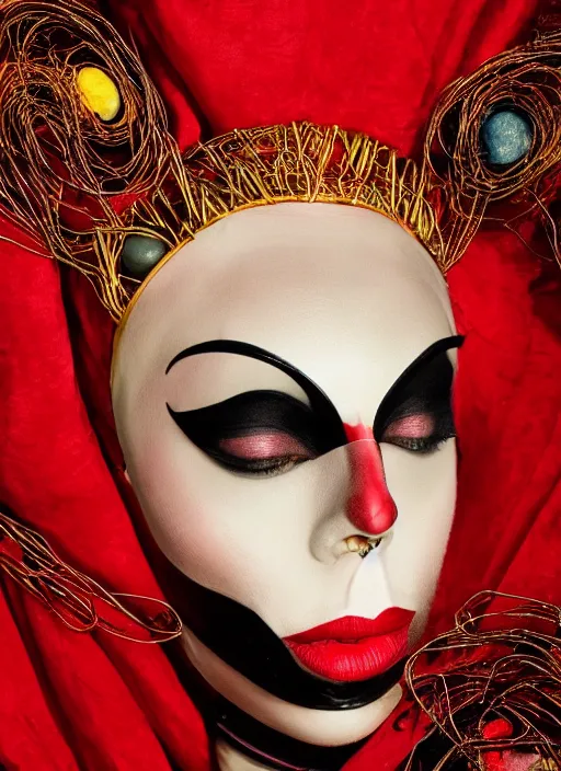 Prompt: a close up portrait of a woman with dark eye - shadow and red lips with dark slicked back hair, a mask made of wire and beads, dreaming acid - fueled hallucinations, psychedelic by serge lutens, rolf armstrong, delphin enjolras, peter elson, red cloth background, frilled blooming collar