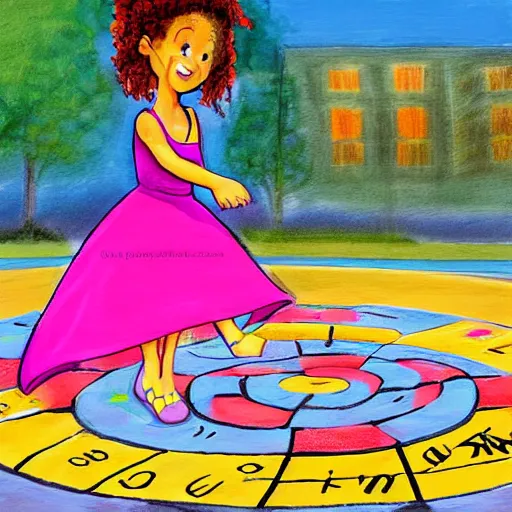 Image similar to pepper ann pearson playing hopscotch, illustration, illusion, in the style of lilia alvarado