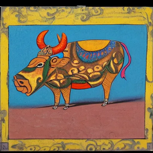 Prompt: a paining of a funky looking ox facing forward, pastel Colors, the ox is eating grass and he is holding a rat in one hoof, and in other hoof is a snake trying to get away, in the style of classic Indian artwork