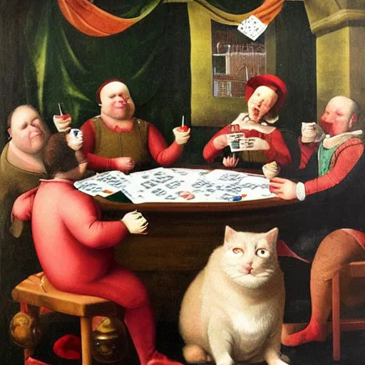 Prompt: fat cats playing poker, renaissance painting