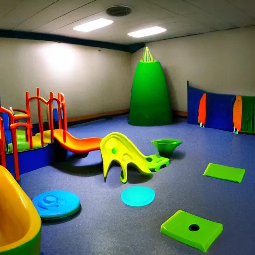 Image similar to a dimly lit indoor children's playground photo taken with a deposable camera limital space