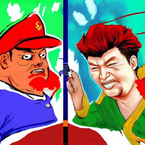 Image similar to xi jinping vs donald trump, street fighters, street fighter, fight, against, digital art, cartoon style