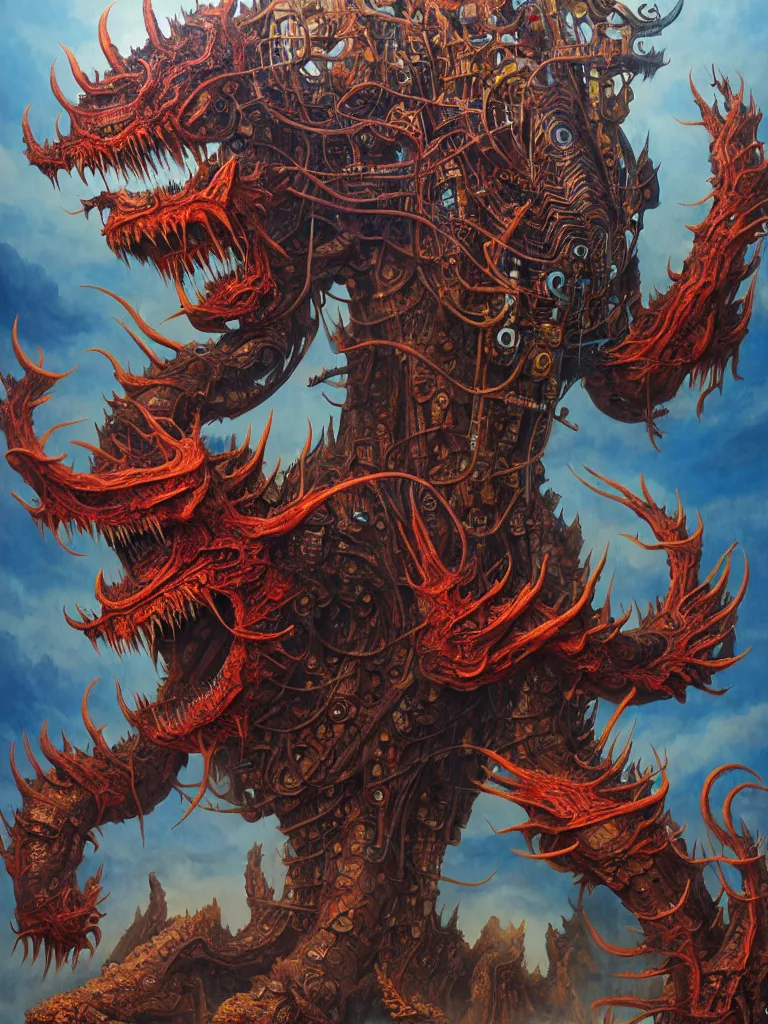 Prompt: realistic detailed image of Technological Nightmare Abomination Monster God by Hou Yimin, Dan Howard, Allan Houser, Alice Hunt and Peter Hurd, Neo-Pagan, rich deep colors. Painting by Byun Shi Ji and Jiang Feng masterpiece